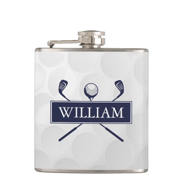 Custom Name Navy Blue Clubs And Ball Hip Flask (Front)