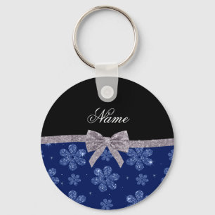 Custom name navy blue glitter flowers silver bow key ring