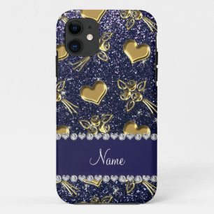 Custom name navy blue glitter gold roses hearts iPhone 11 case