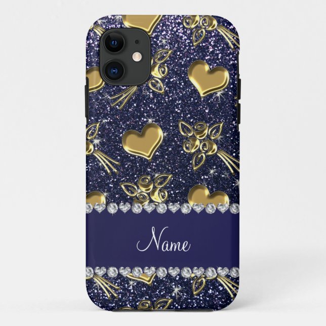 Custom name navy blue glitter gold roses hearts Case-Mate iPhone case (Back)