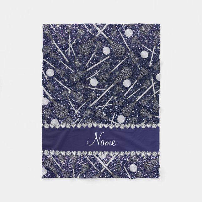 Custom name navy blue glitter lacrosse sticks fleece blanket (Front)