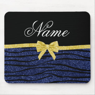 Custom name navy blue glitter zebra stripes bow mouse mat