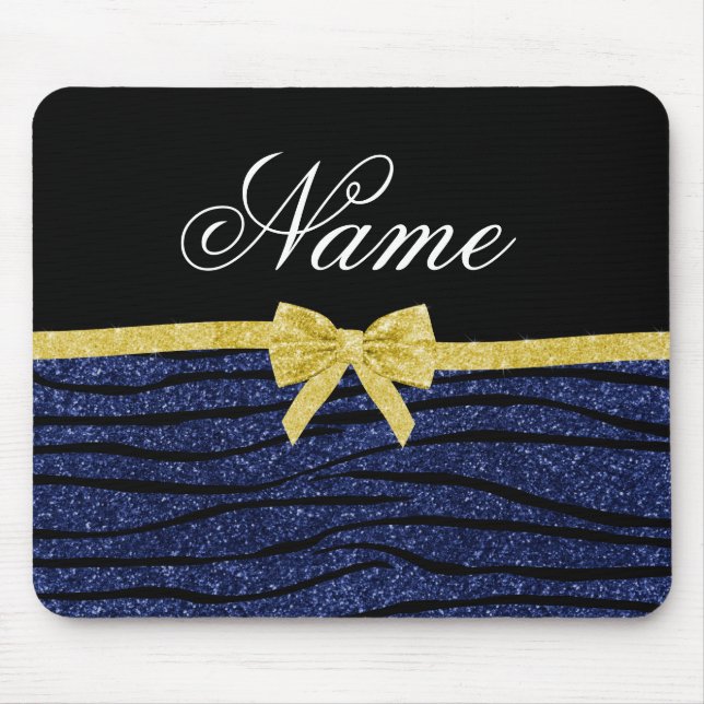 Custom name navy blue glitter zebra stripes bow mouse mat (Front)