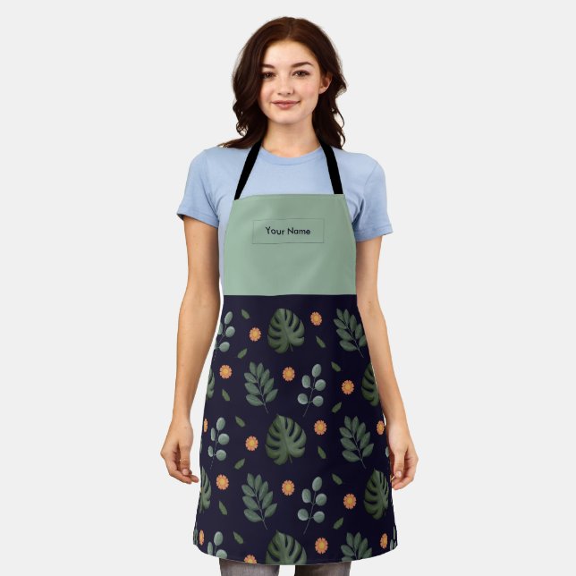 Custom Name Navy Botanical Apron (Worn)
