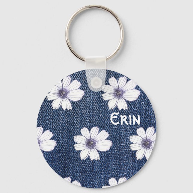 Custom Name Navy flower pattern Button Key Ring (Front)
