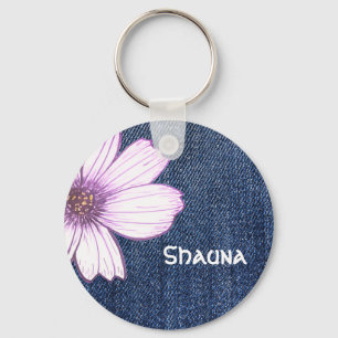 Custom Name Navy flower pattern Button Key Ring