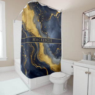 Custom Name Navy Gold Abstract Marble Fluid Art Shower Curtain