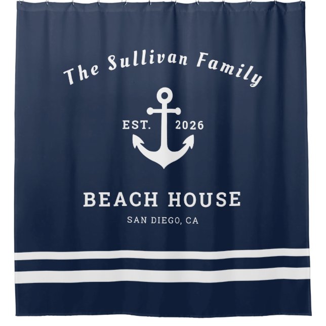 Custom Name Navy Nautical Anchor Beach House Shower Curtain (Front)