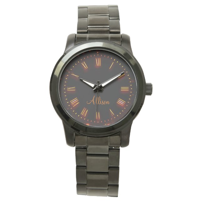 Custom Name Neon Black Classic Elegant Roman Watch (Front)