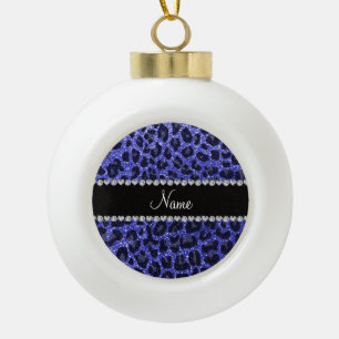 Custom name neon blue glitter leopard print ceramic ball christmas ornament