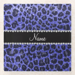 Custom name neon blue glitter leopard print glass coaster