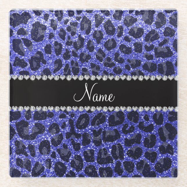 Custom name neon blue glitter leopard print glass coaster (Front)