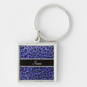 Custom name neon blue glitter leopard print key ring