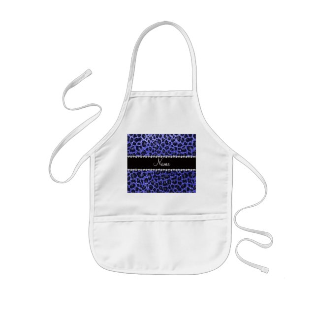 Custom name neon blue glitter leopard print kids apron (Front)