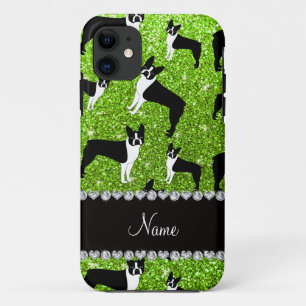 Custom name neon green glitter boston terrier iPhone 11 case