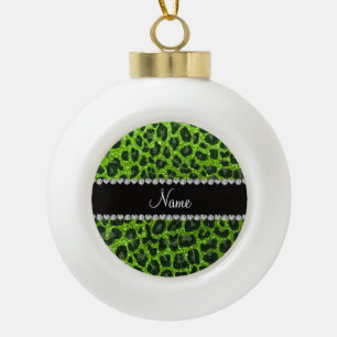 Custom name neon green glitter leopard print ceramic ball christmas ornament
