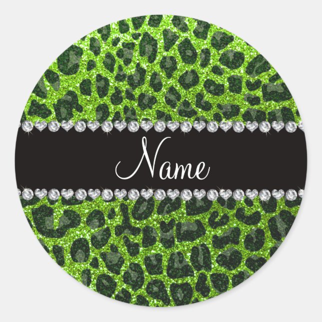 Custom name neon green glitter leopard print classic round sticker (Front)