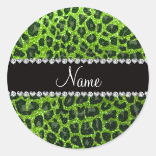 Custom name neon green glitter leopard print classic round sticker