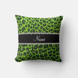Custom name neon green glitter leopard print cushion