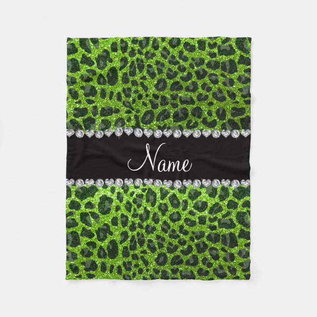 Custom name neon green glitter leopard print fleece blanket (Front)