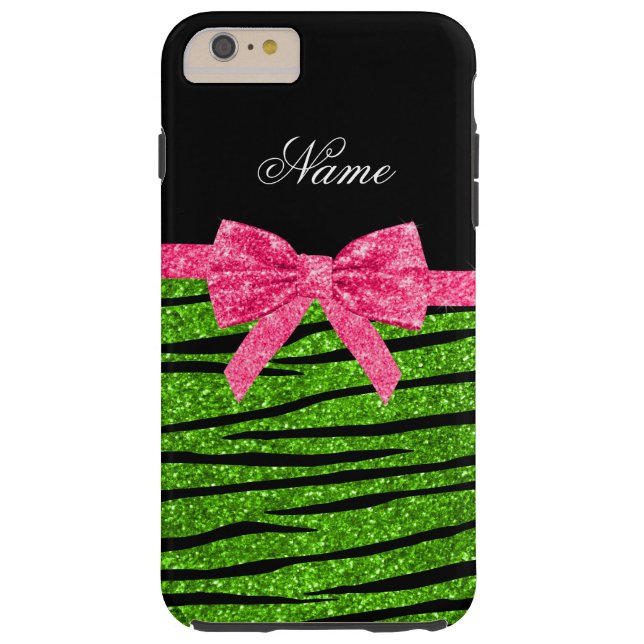 Custom name neon green glitter zebra stripes bow Case-Mate iPhone case (Back)