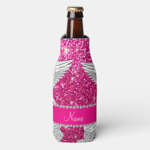 Custom name neon hot pink glitter angel wings bottle cooler