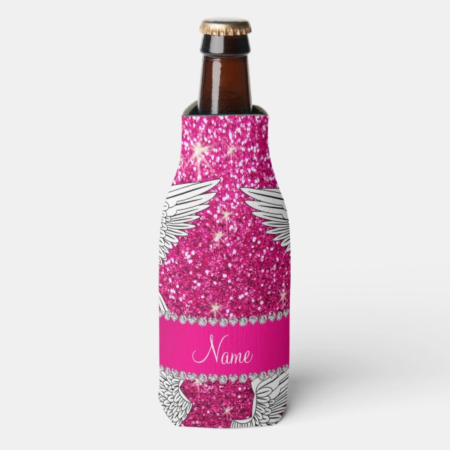 Custom name neon hot pink glitter angel wings bottle cooler (Bottle Front)