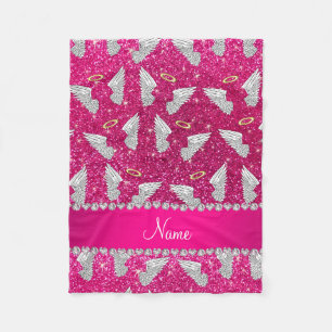 Custom name neon hot pink glitter angel wings fleece blanket