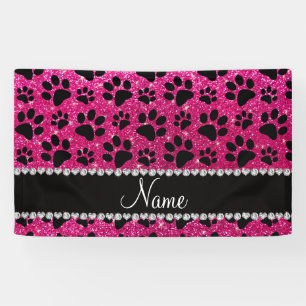 Custom name neon hot pink glitter black dog paws banner
