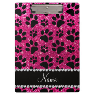 Custom name neon hot pink glitter black dog paws clipboard