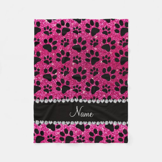 Custom name neon hot pink glitter black dog paws fleece blanket (Front)