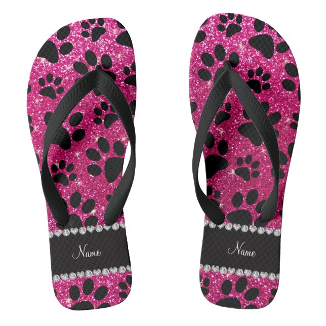 Custom name neon hot pink glitter black dog paws flip flops (Footbed)