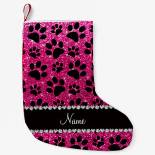 Custom name neon hot pink glitter black dog paws small christmas stocking