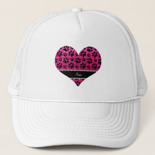Custom name neon hot pink glitter black dog paws trucker hat