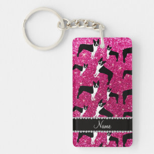 Custom name neon hot pink glitter boston terrier key ring
