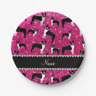 Custom name neon hot pink glitter boston terrier paper plate