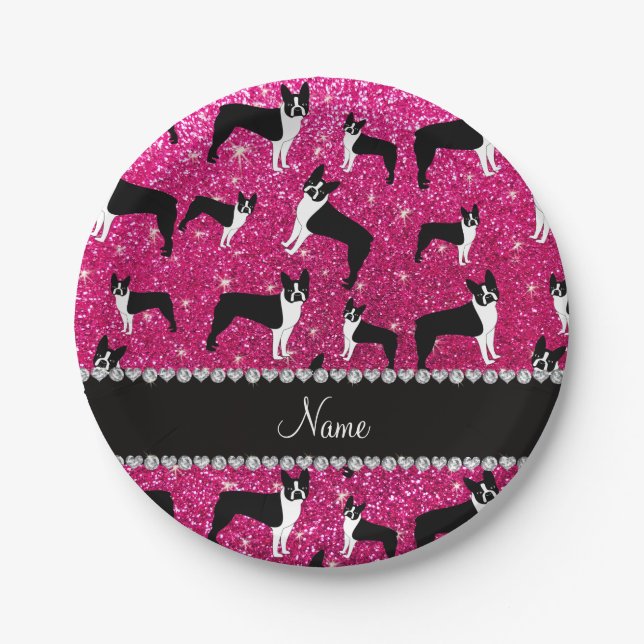 Custom name neon hot pink glitter boston terrier paper plate (Front)