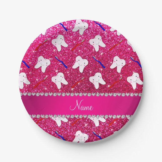 Custom name neon hot pink glitter brushes tooth paper plate (Front)
