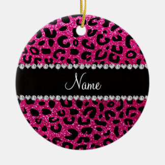Custom name neon hot pink glitter cheetah print ceramic tree decoration
