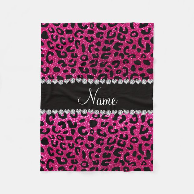 Custom name neon hot pink glitter cheetah print fleece blanket (Front)