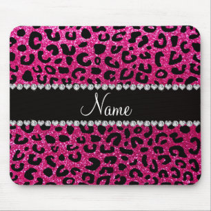 Custom name neon hot pink glitter cheetah print mouse mat