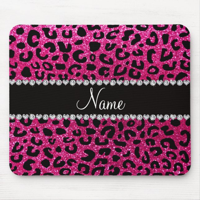 Custom name neon hot pink glitter cheetah print mouse mat (Front)