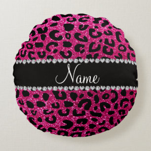 Custom name neon hot pink glitter cheetah print round cushion