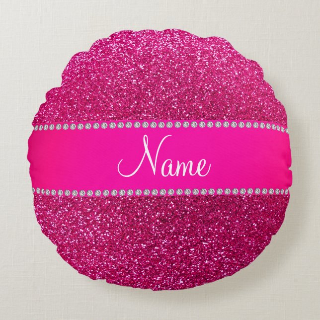 Custom name neon hot pink glitter hot pink stripe round cushion (Front)