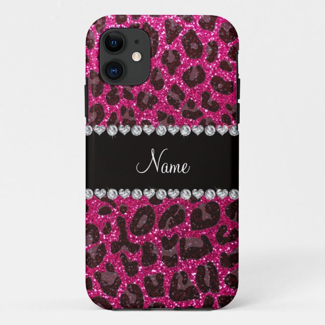 Custom name neon hot pink glitter leopard print Case-Mate iPhone case (Back)