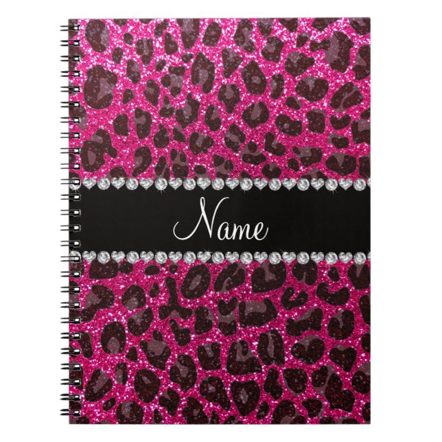 Custom name neon hot pink glitter leopard print notebook (Front)