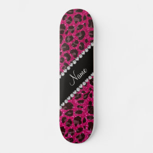 Custom name neon hot pink glitter leopard print skateboard