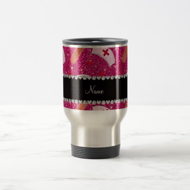 Custom name neon hot pink glitter nurse hats heart travel mug (Center)