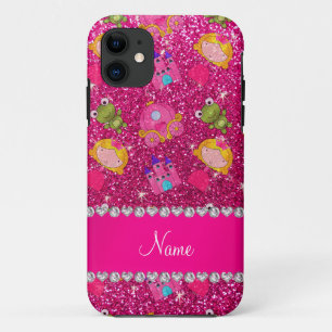 Custom name neon hot pink glitter princess frogs iPhone 11 case