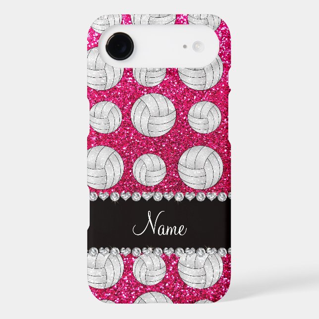 Custom name neon hot pink glitter volleyballs Case-Mate iPhone case (Back)